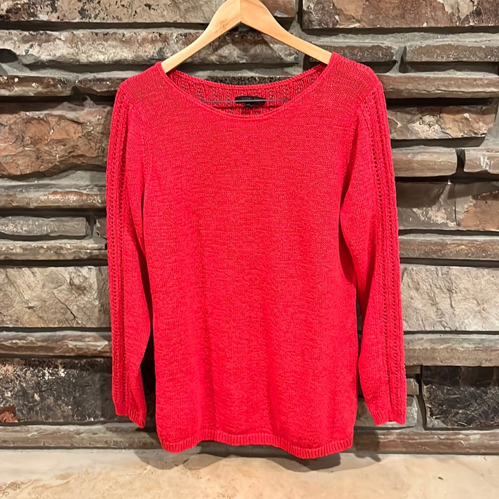 Rachel Zoe Karla Coral Red Open Knit Cotton Lightweight Sweater